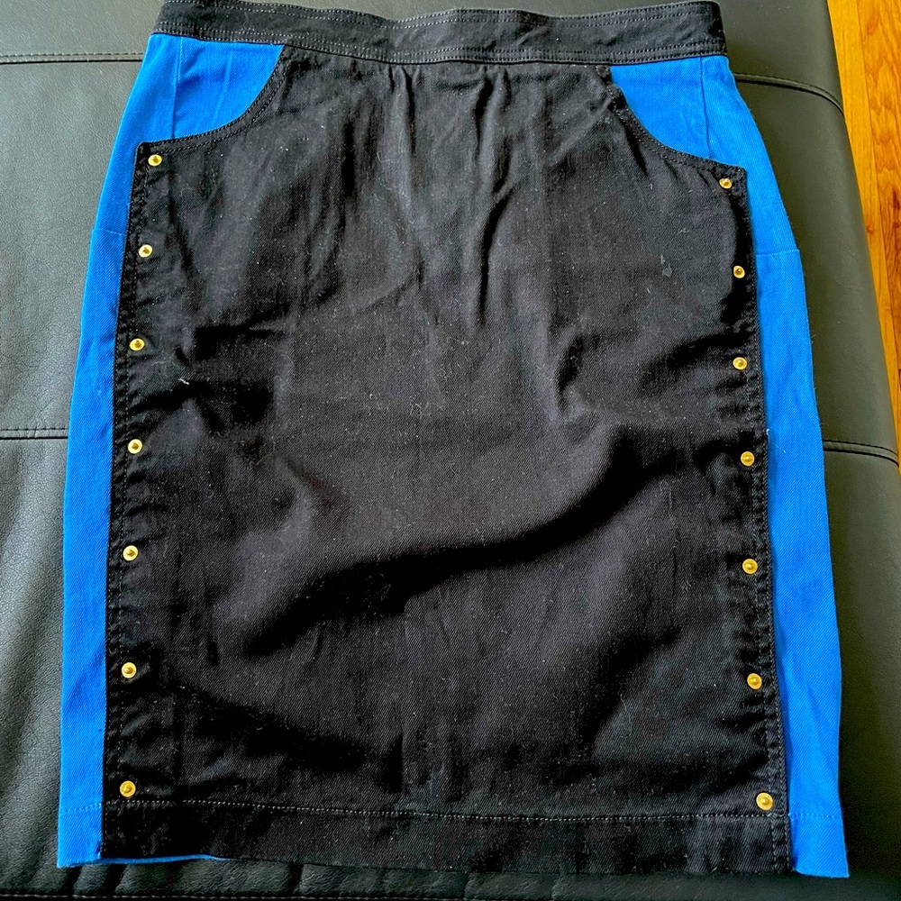Kenzo Paris Bicolor denim skirt gold studs Patch work fit bodice jeans Farfetch